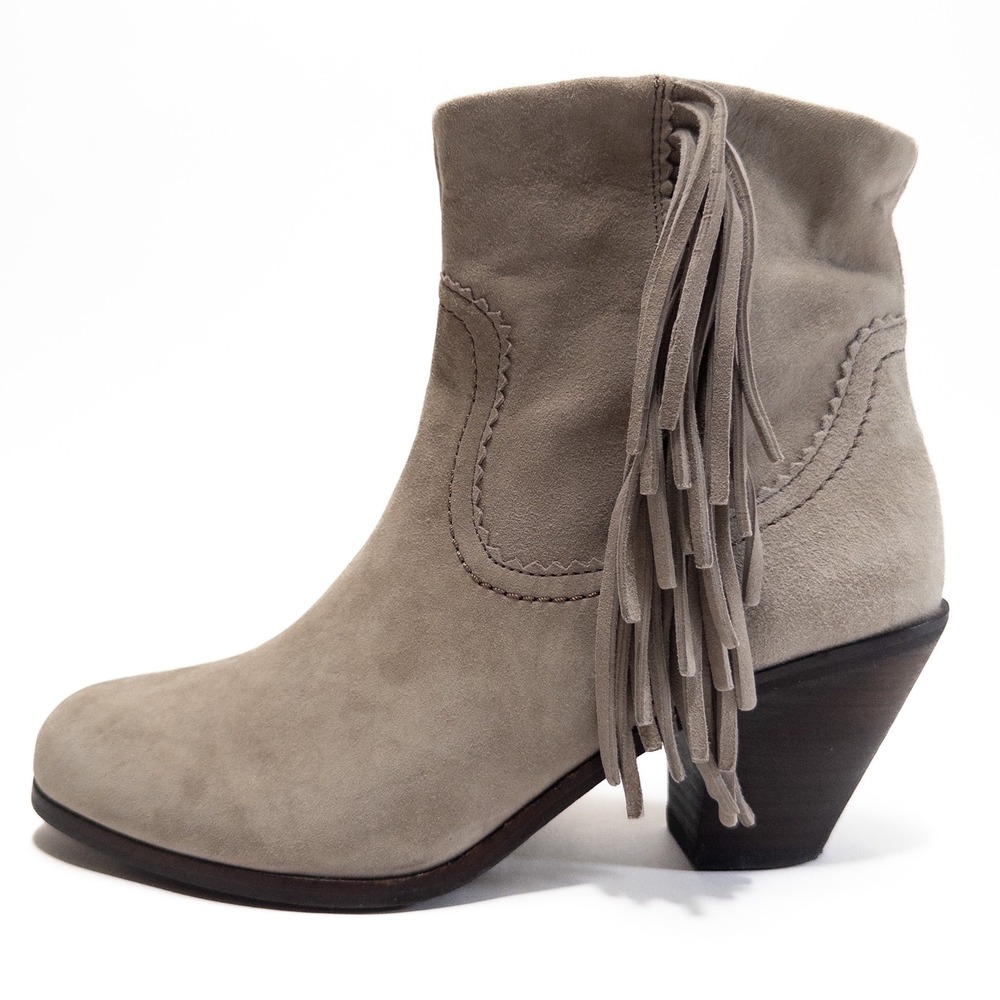Sam Edelman Louie Suede Fringe Ankle Boots Women's 7W Taupe Beige